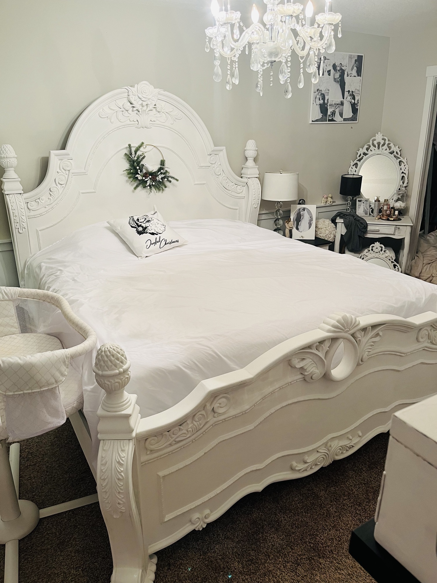 king sized headboard painted in white chalk paint